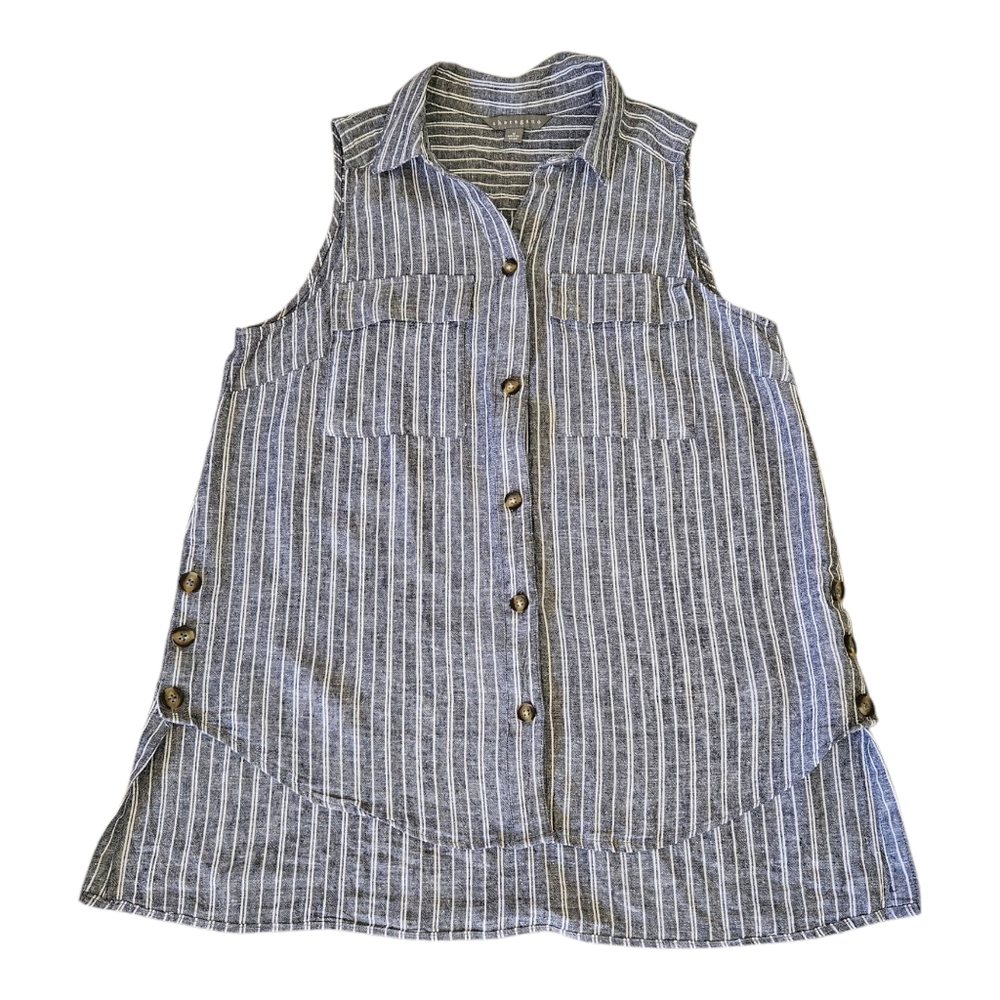 Sharagano Sleeveless Linen Blend Striped Top Size M Button Up High Low - Picture 3 of 13